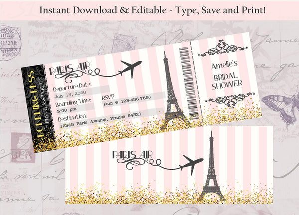 Editable - Double Sided Boarding Pass Invitation, Pink and Gold