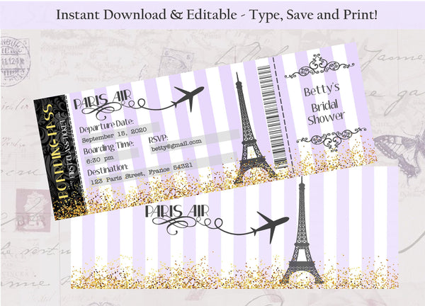 Editable - Double Sided Boarding Pass Invitation, Purple and Gold