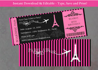 Editable - Double Sided Boarding Pass Invitation, Hot Pink, Black