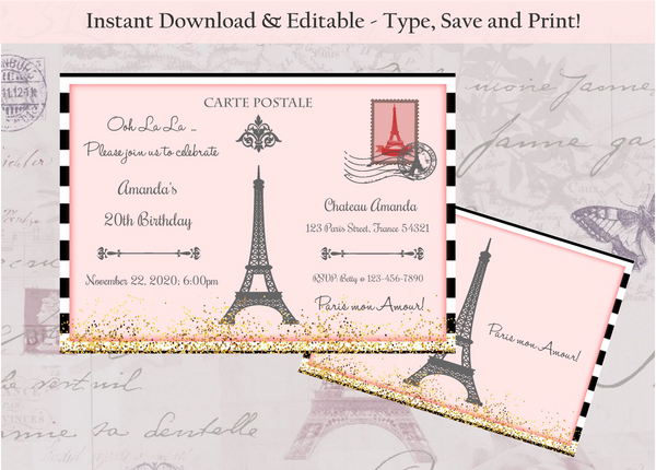 Editable - Double Sided Paris Postcard Invitation
