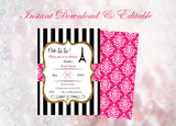 Editable - Double Sided Boarding Pass Invitation, Hot Pink and Gold