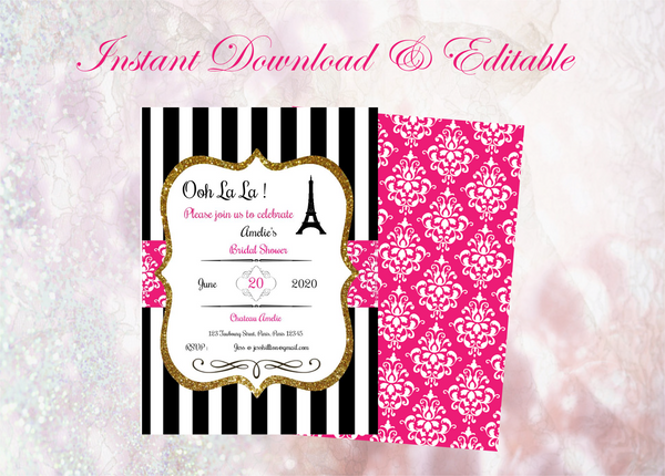 Editable - Double Sided Boarding Pass Invitation, Hot Pink and Gold